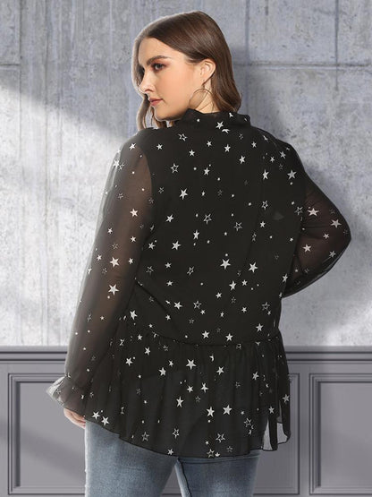 Star Printed Ruffle Tie Chiffon Blouse