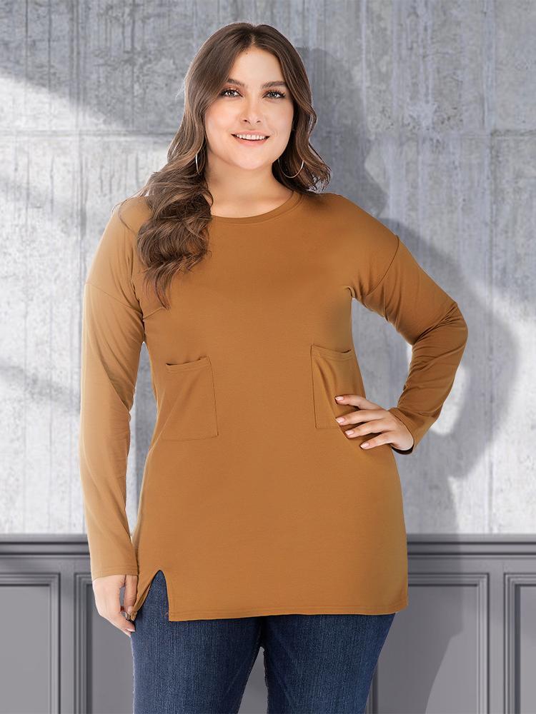 Basic Pockets Round Neck Elastic T-shirt