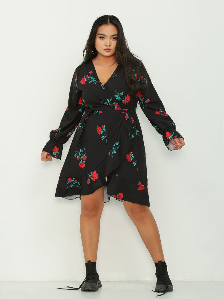 Irregular Hem Ruffled Floral Dress