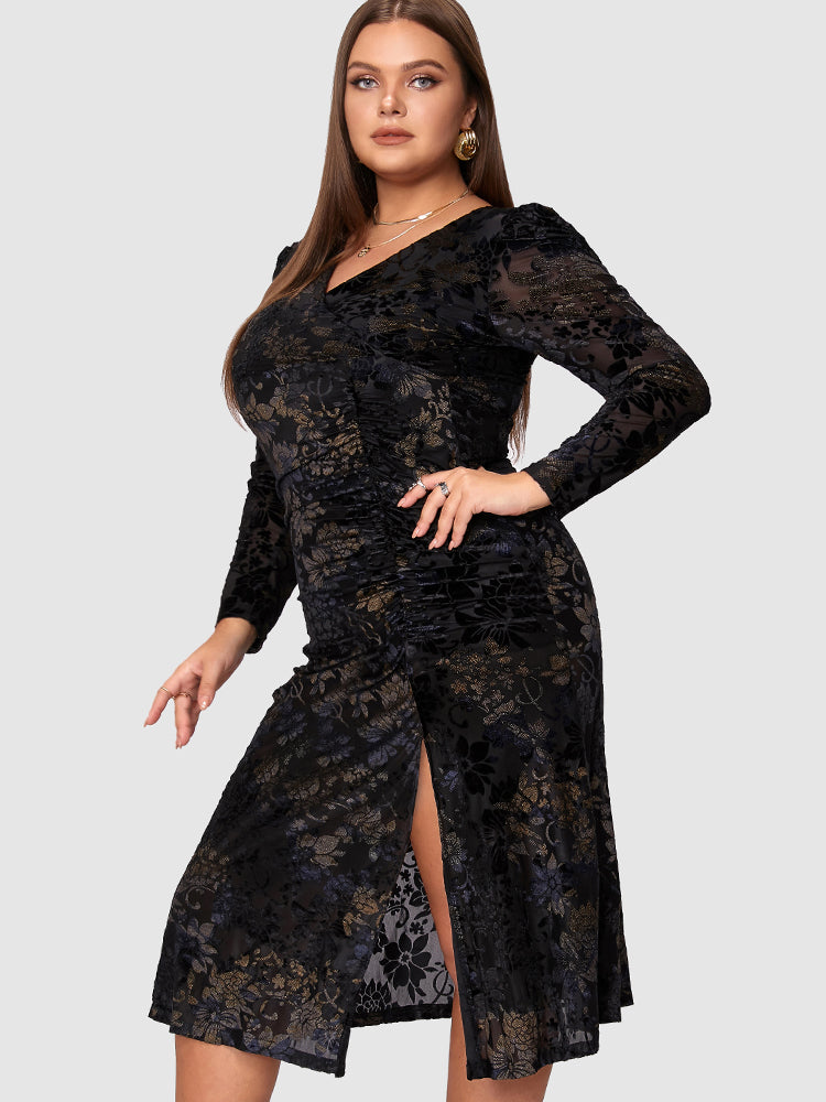 Ruched Foral Print Split Dress