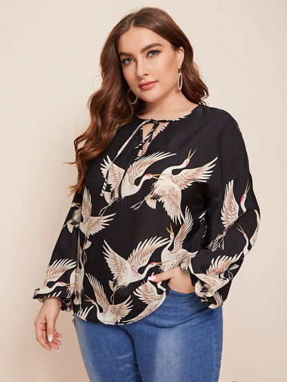 Swan Print Tie Neck Curved Hem Top