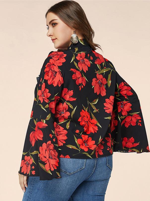 Floral Hollow Out Tie Flared Sleeve Top