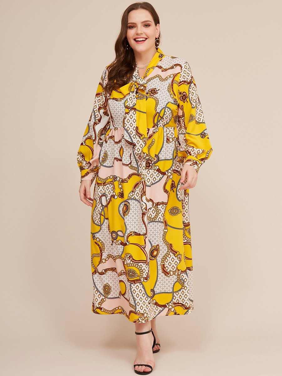 Printed Tie Lantern Sleeve Maxi Dress