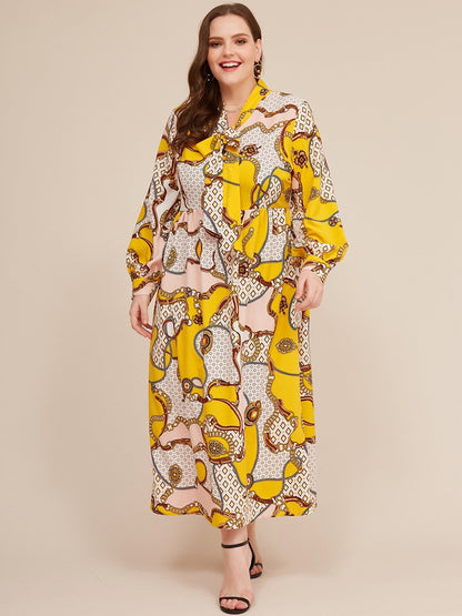 Printed Tie Lantern Sleeve Maxi Dress