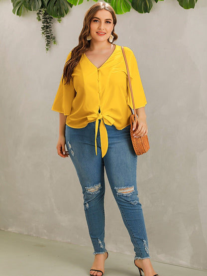 Solid Button Through Tie Front Blouse