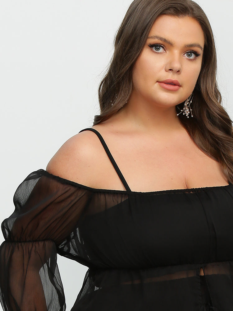 Mesh Puff Sleeve Split Blouse
