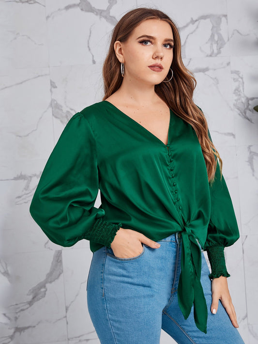 Knot Hem Shirred Detail Lantern Sleeve Satin Top