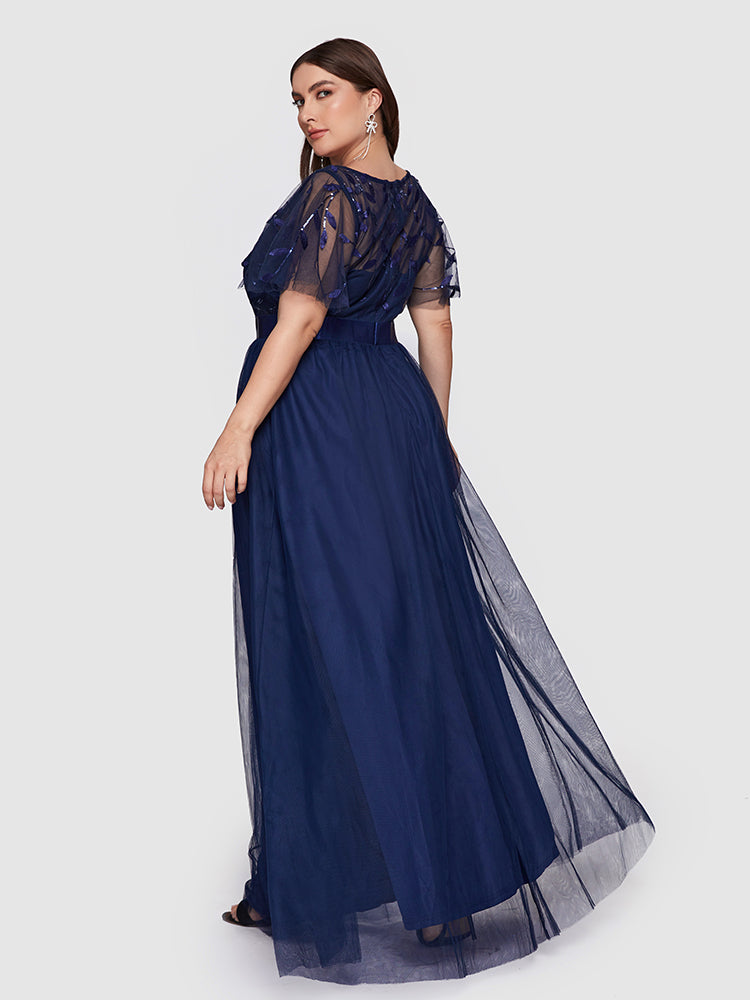 Sequin Plant Pattern Mesh Tiered Dress