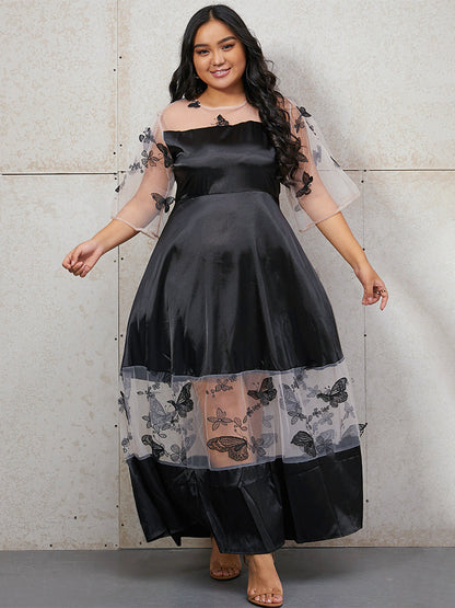 Butterfly Embroidery Contrast Mesh Dress