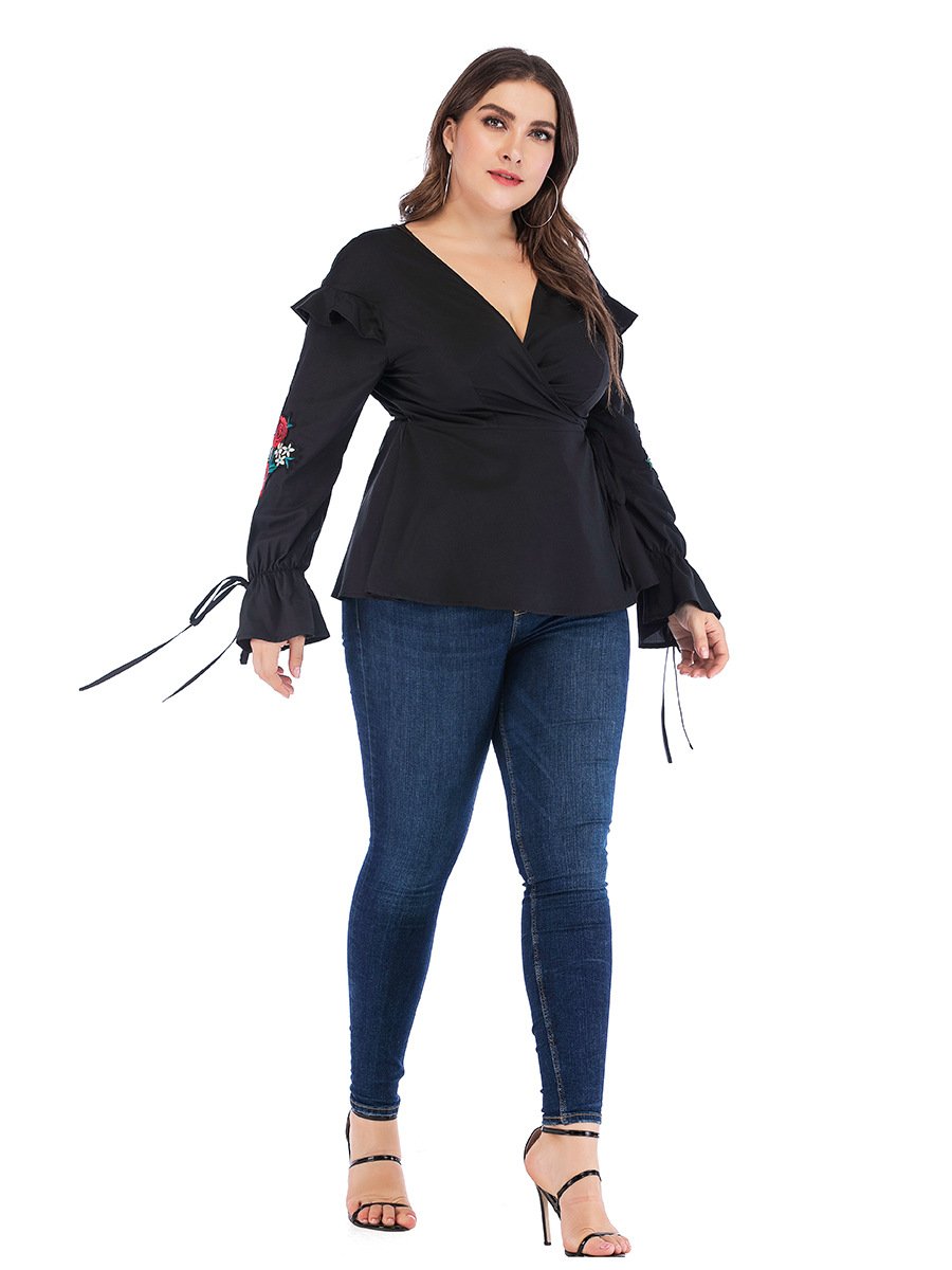 Embroidery Ruffle Sleeve Wrap Blouse