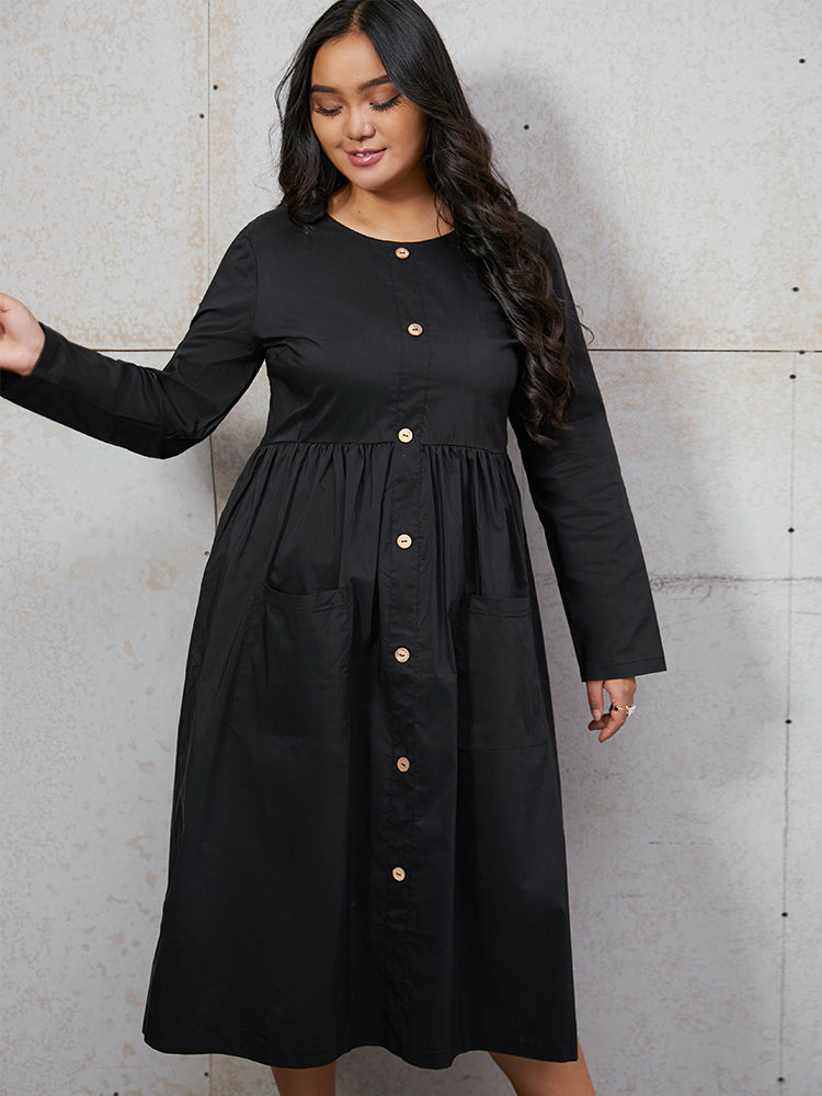 Pocket Button Front A Line Dress