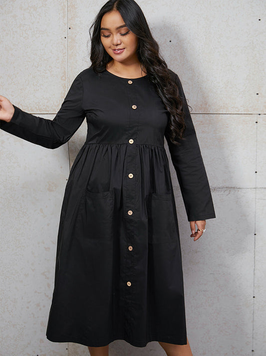 Pocket Button Front A Line Dress
