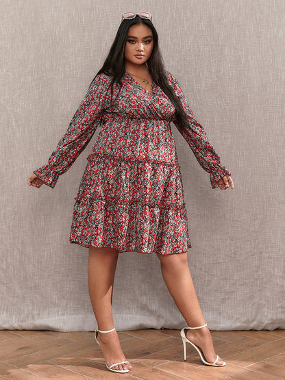 Floral V-Neck Frill Trim Teired Dress