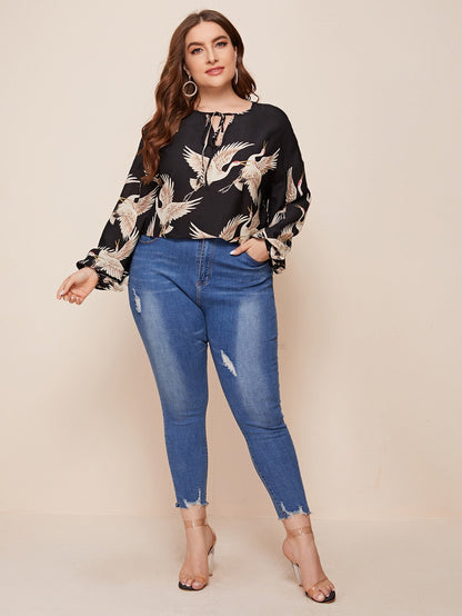 Swan Print Tie Neck Curved Hem Top
