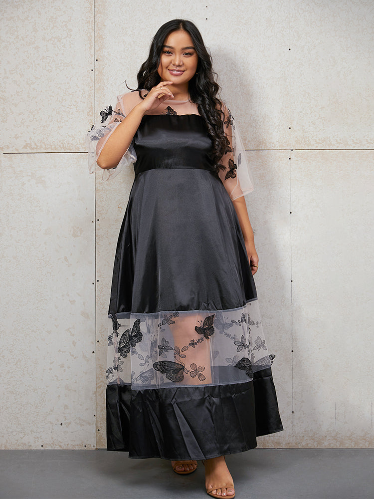 Butterfly Embroidery Contrast Mesh Dress