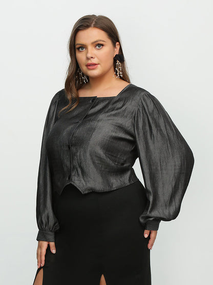 Button Puff Sleeve Square Neck Blouse