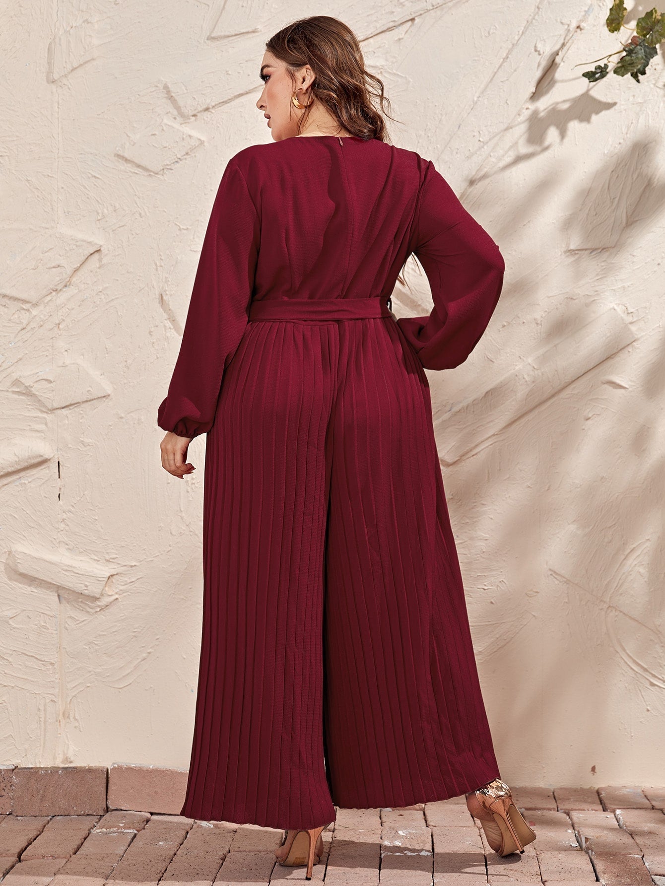 Solid Pleated Belted Jumpsuit