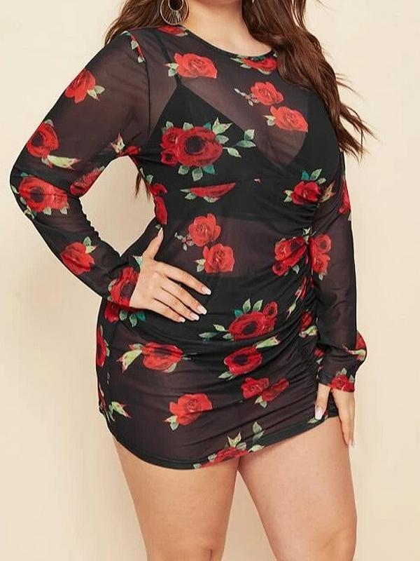 Rose Printed Ruched Mesh Dress