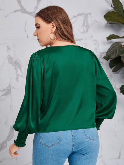 Knot Hem Shirred Detail Lantern Sleeve Satin Top