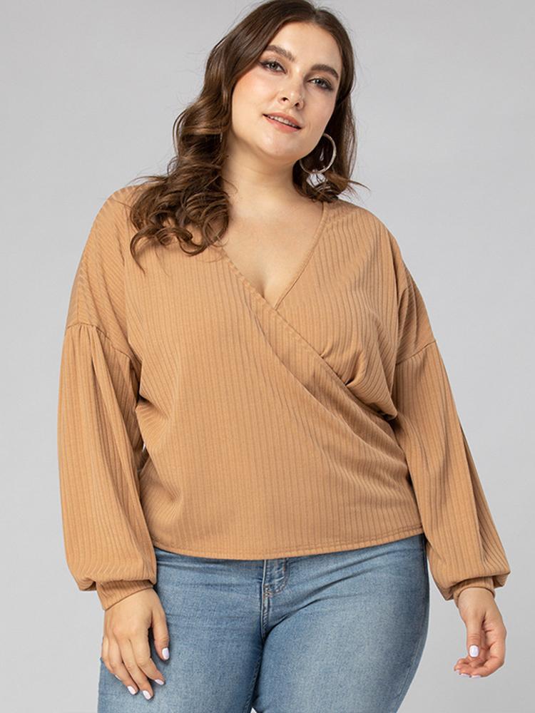 Rib-Knit Wrap Solid Color Casual Top