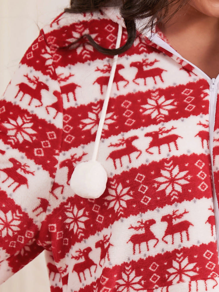 Christmas Geo Pattern Zipper Hooded Jumpsuit