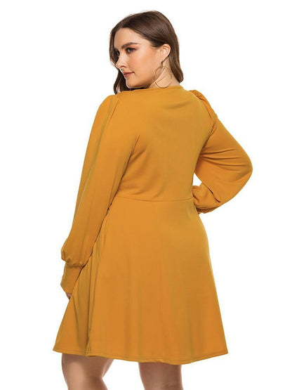 V-neck Lantern Sleeve Solid Color Dress