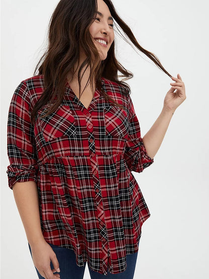 Plaid V-neck Button Up Blouse