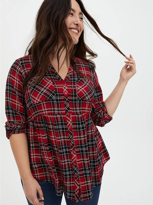 Plaid V-neck Button Up Blouse