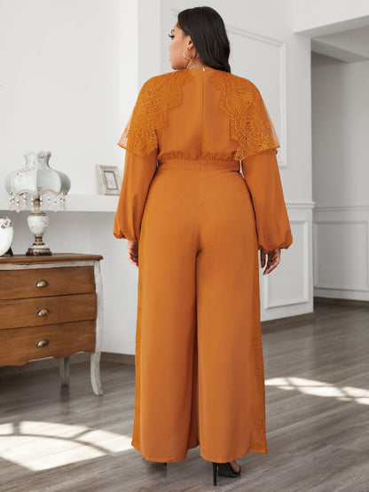 Lantern Sleeve Lace Panel Wide Leg Jumpsuit