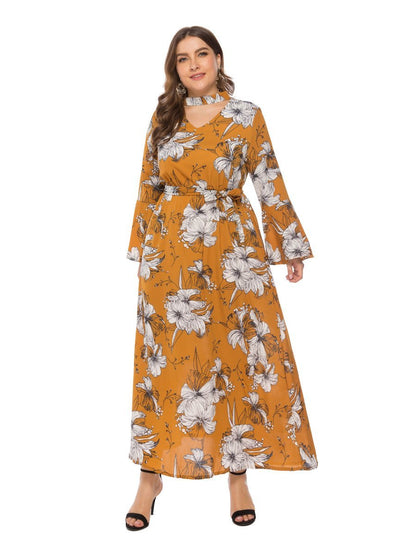 Floral Printed Hollow Out Flared Sleeve Maxi Dress