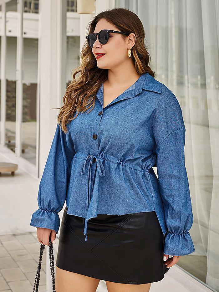 Denim Drawstring Waist Lapel Shirt