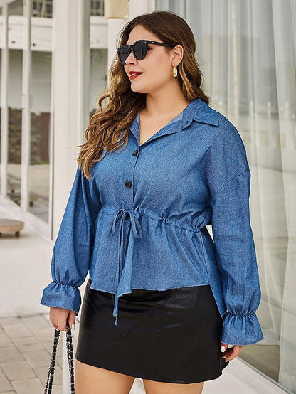 Denim Drawstring Waist Lapel Shirt