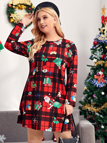 Plaid And Christmas Print Tee Dress