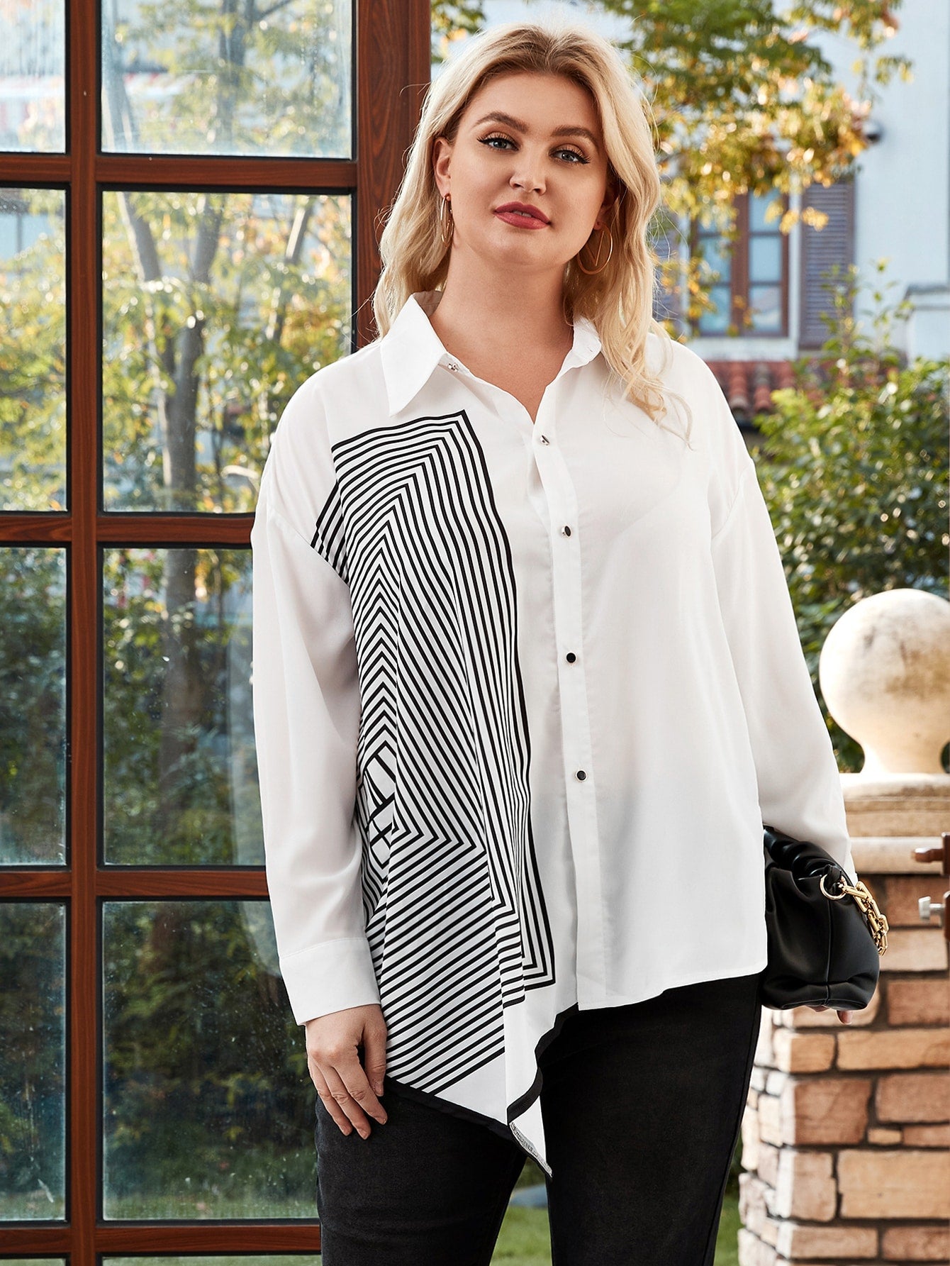 Striped Asymmetrical Hem Button Up Blouse