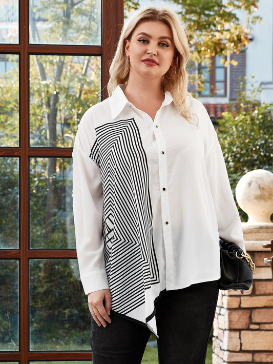 Striped Asymmetrical Hem Button Up Blouse