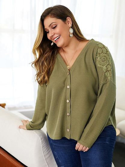 Waffle V-neck Embroidery Knit Top