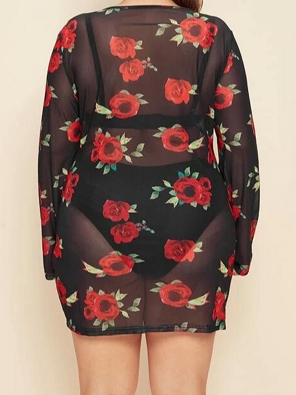 Rose Printed Ruched Mesh Dress