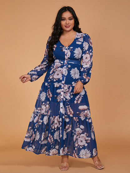 Floral Print Button Ruffle Hem Dress