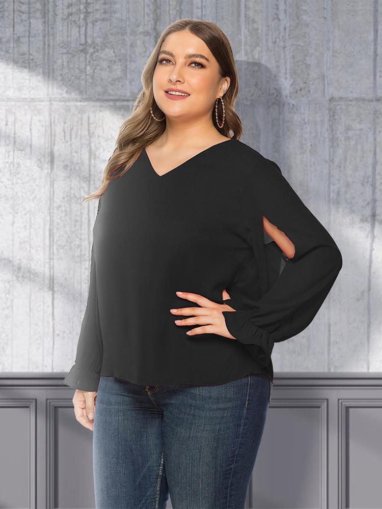 Chiffon Puff Sleeve V-neck Top
