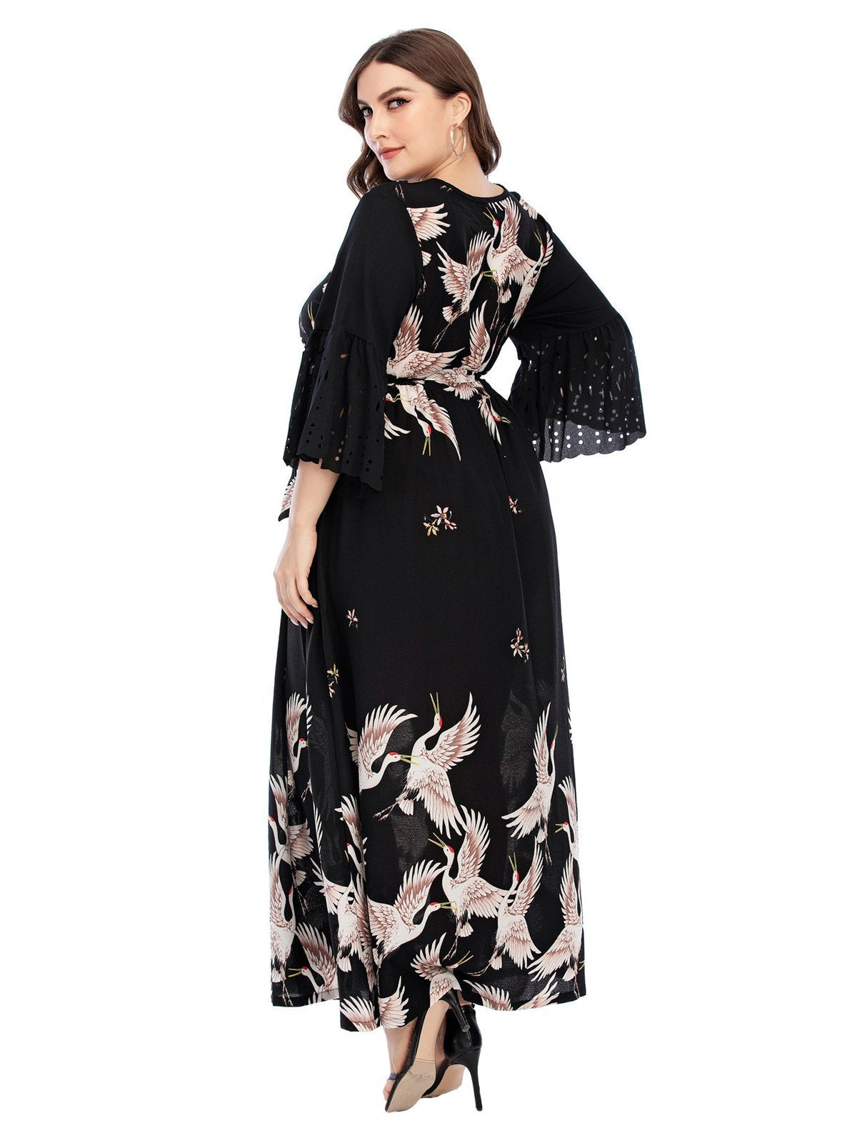 Crane Printed Flared Sleeve Maxi Dress