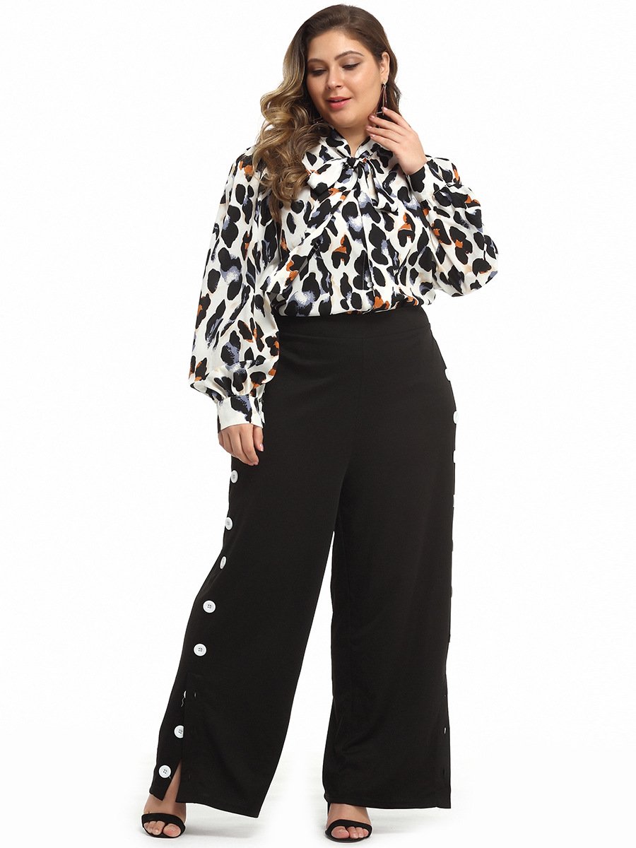 Leopard Printed Tie Collar Blouse