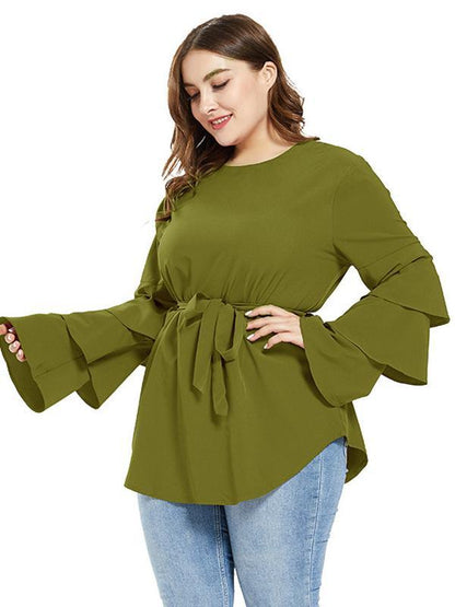 Ruffle Sleeve Belt Solid Blouse