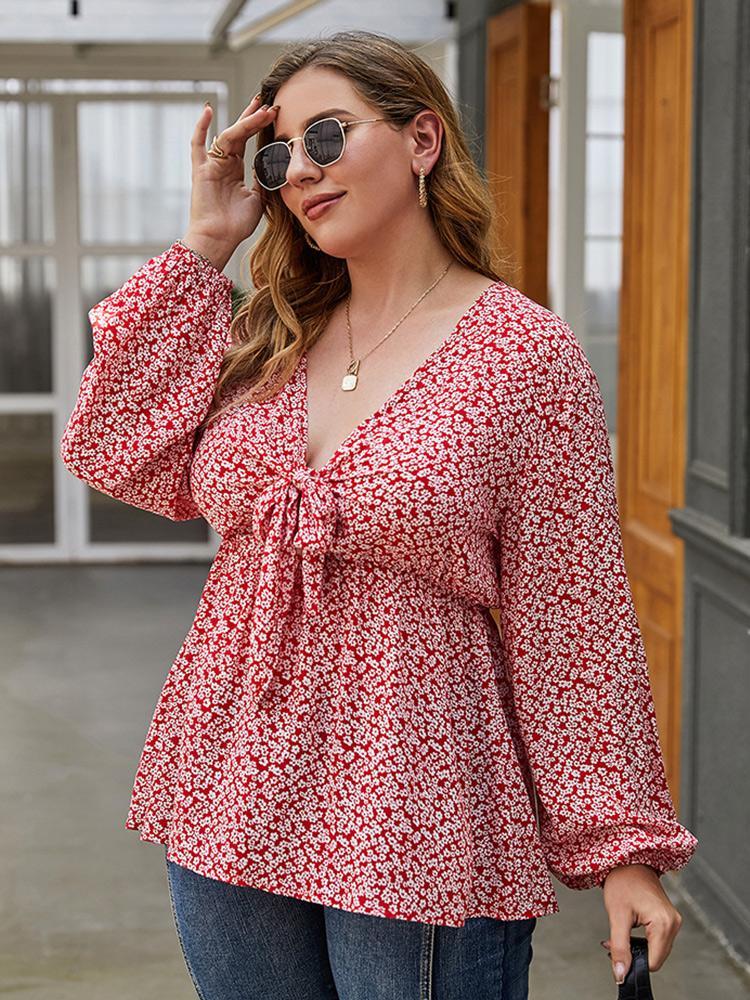 Ditsy Chiffon Lantern Sleeve Blouse