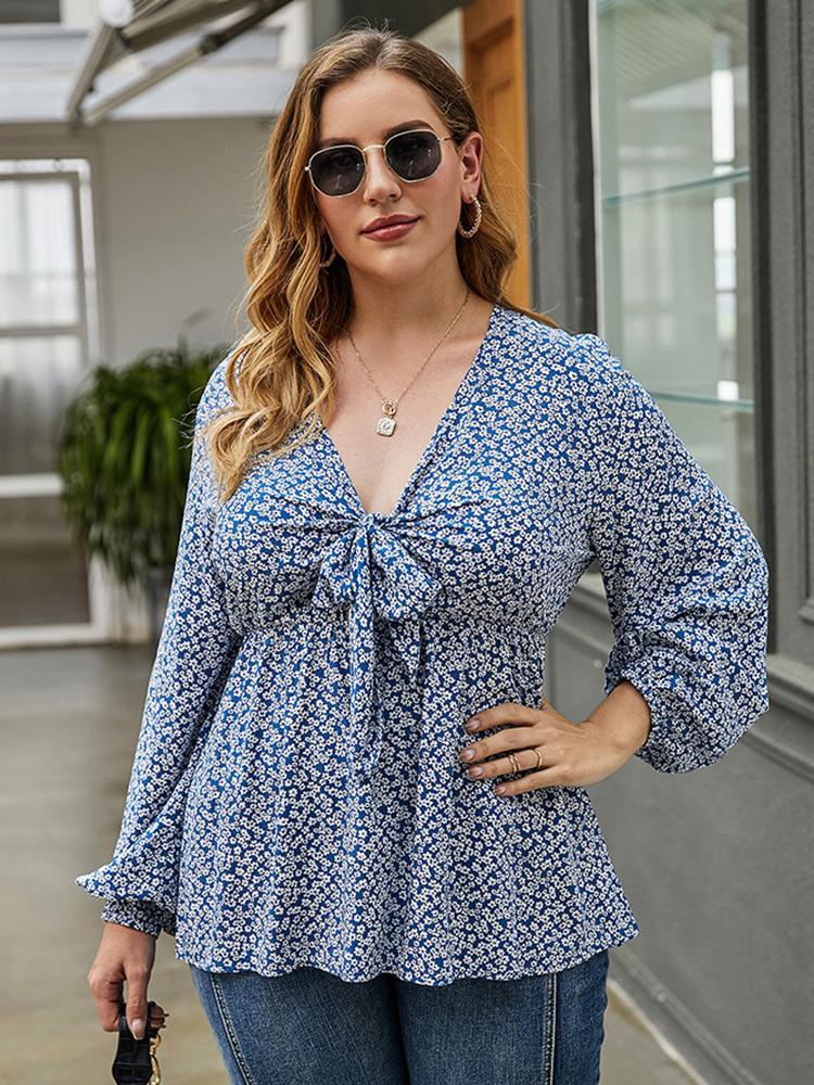 Ditsy Chiffon Lantern Sleeve Blouse