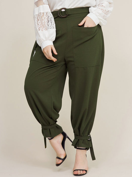 Belt Ankle Big Pockets Solid Casual Pants