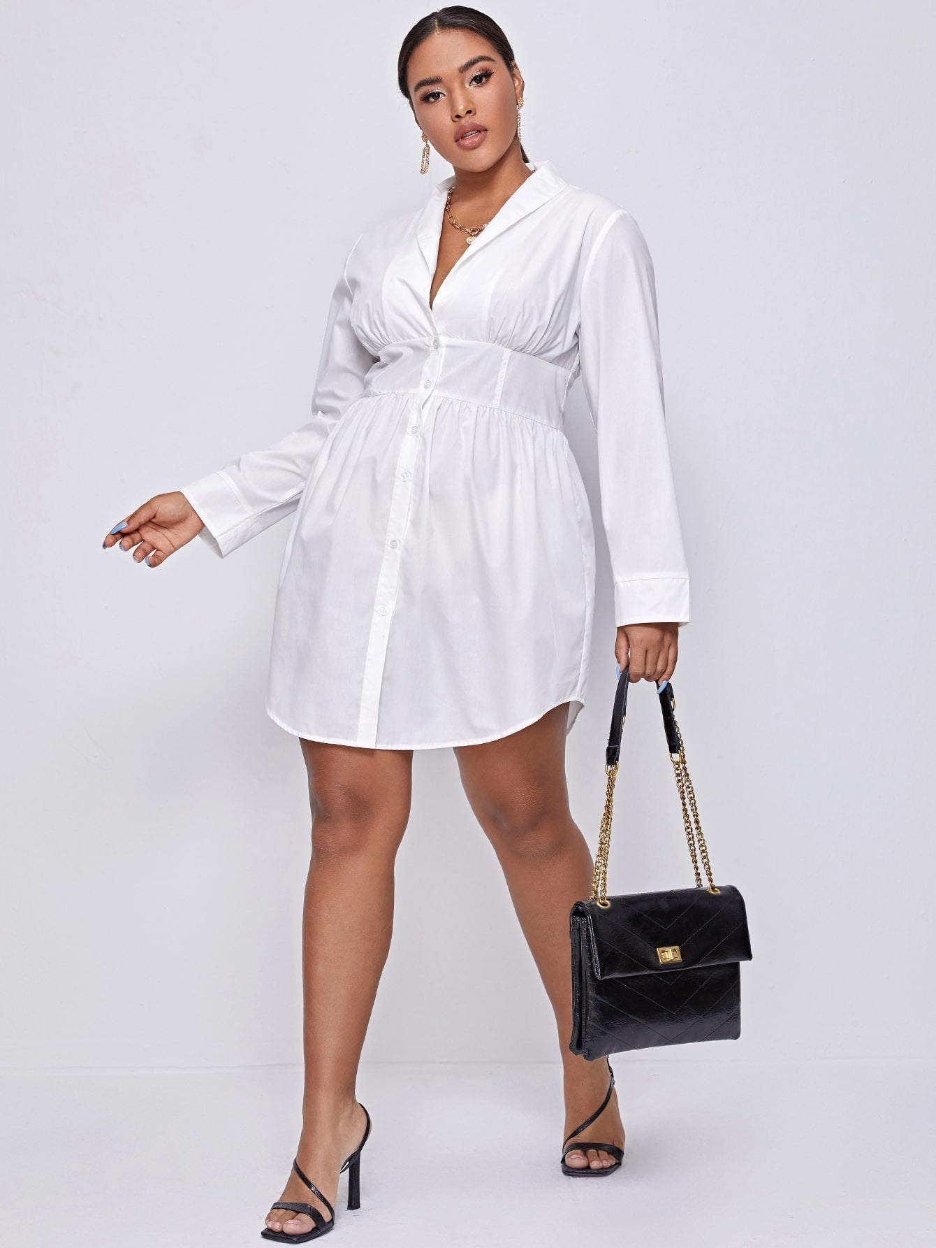 Shawl Collar Curved Hem Shirt Dress