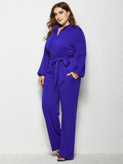 Solid Color Belt Lantern Sleeve Jumpsuits
