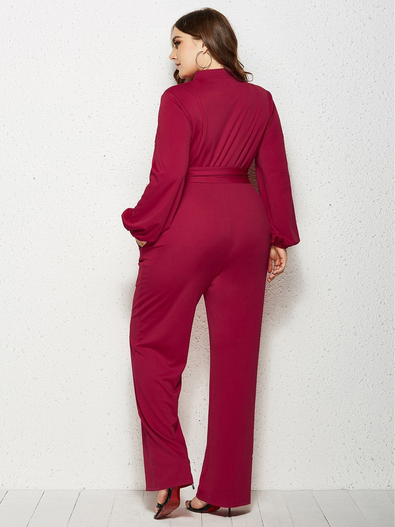 Solid Color Belt Lantern Sleeve Jumpsuits