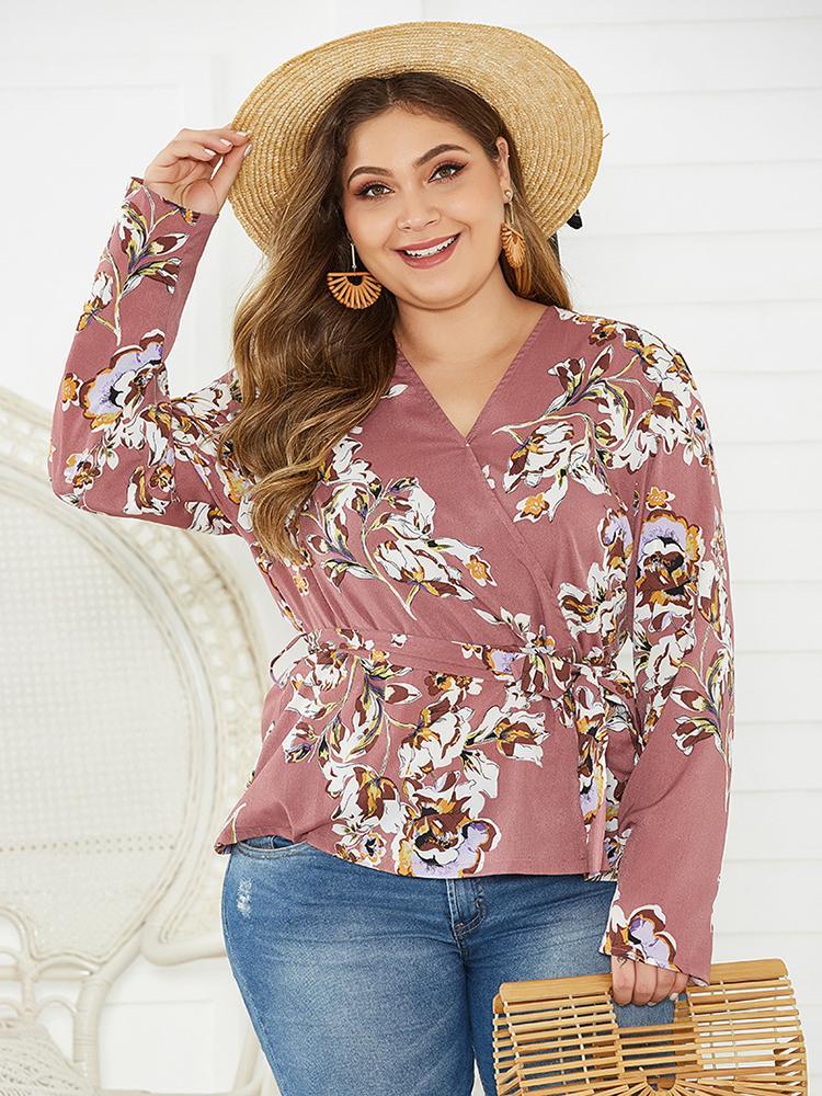 Floral Printed Wrap V-neck Blouse