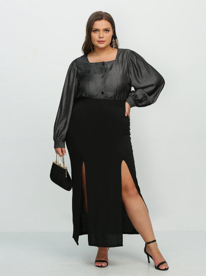 Button Puff Sleeve Square Neck Blouse